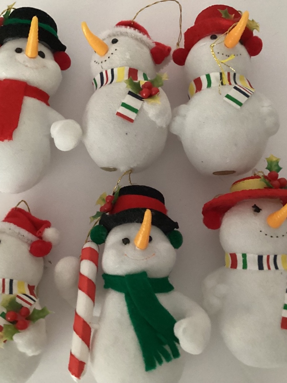 Vtg lot of 6 Snowman Christmas Ornaments Flocked Plastic